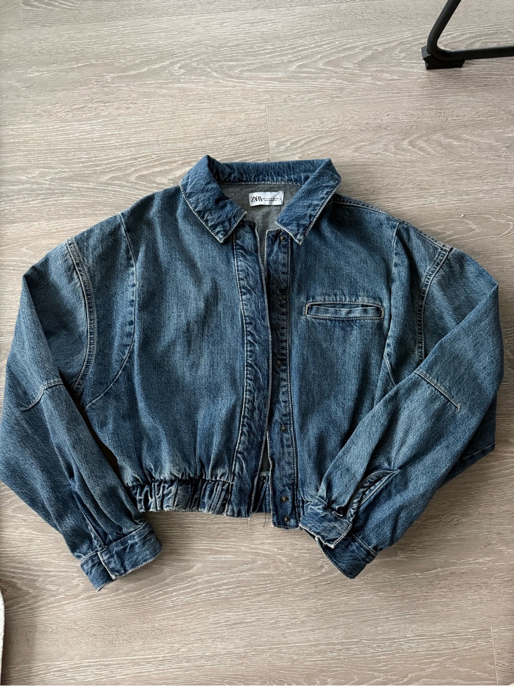 Zara Dark Wash Cropped Denim BomberJacket